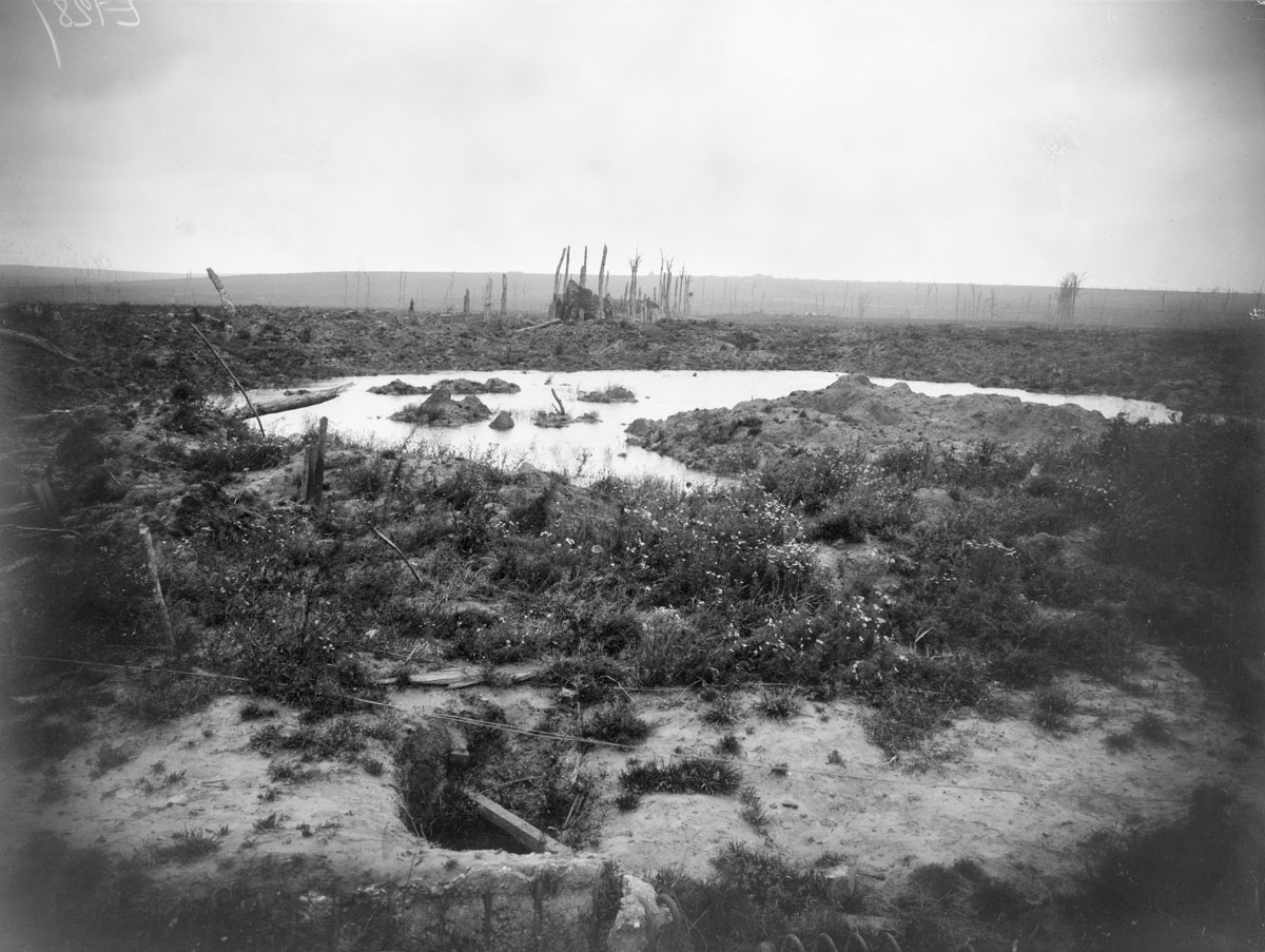 A weater-filled crater, five months after it was exploded near St Ives. This was the southernmost mine explosion, detonated by the British at the start of the Battle of Messines.